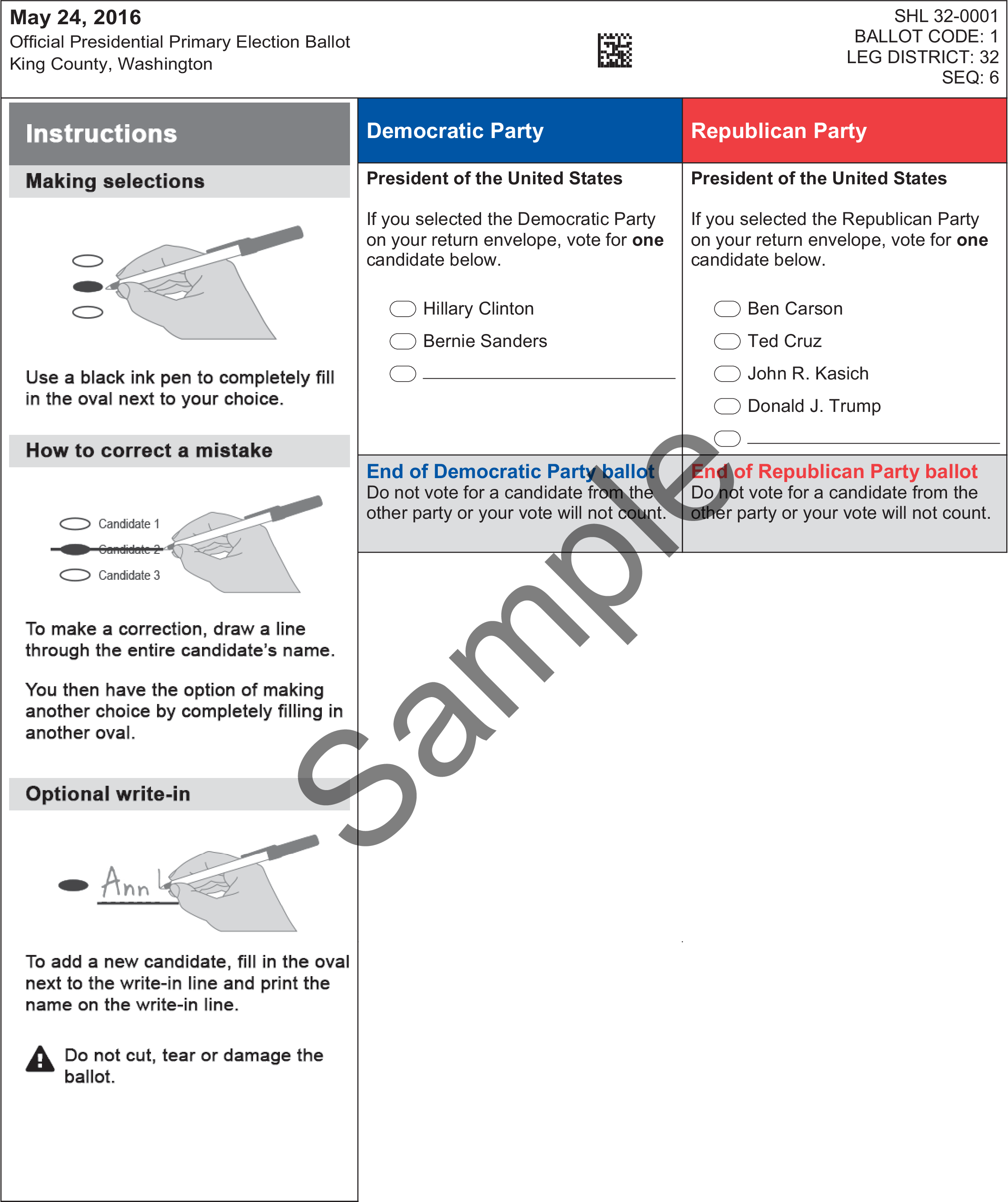 Sample presidential primary ballot